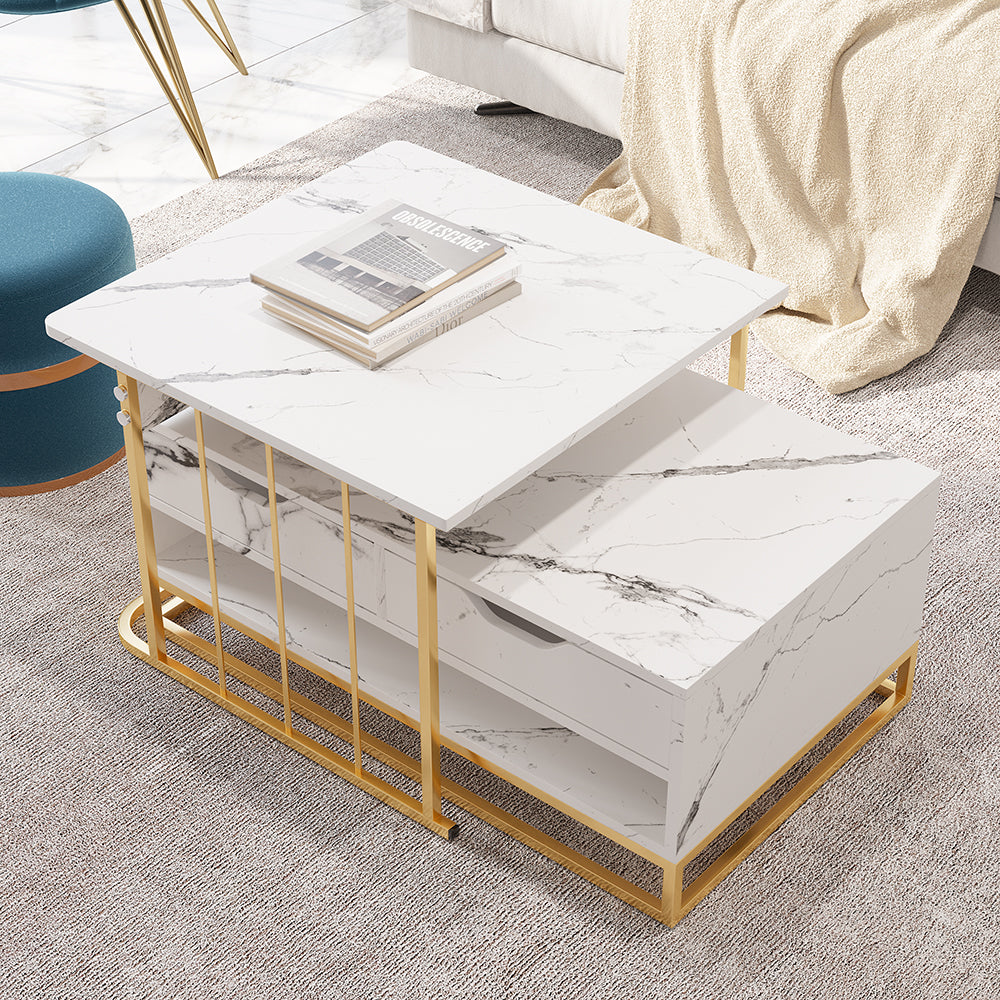 Rectangle 2-Piece Nesting Set White Coffee Table with Metal Base and Storage