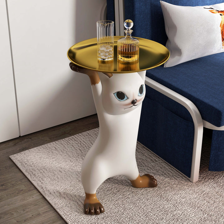 Modern Cat Side Table Floor Resin Figurine with Gold Tray End Table