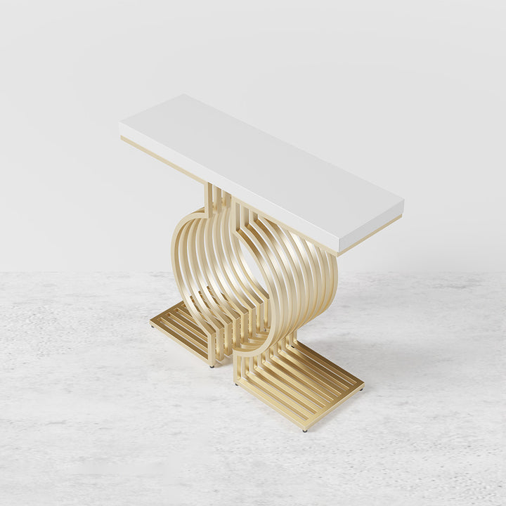 Narrow White Hall Table with Geometric Gold Metal Base