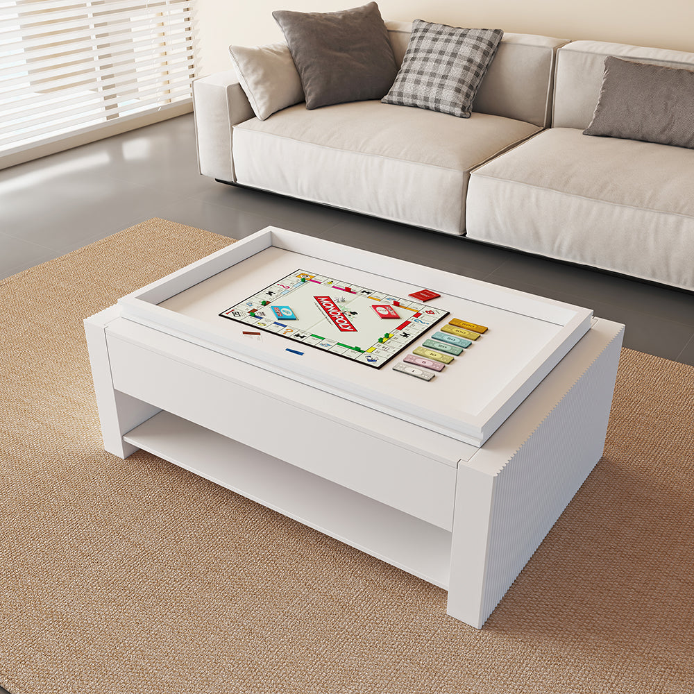 1580mm Modern White Extendable Gaming Coffee Table Fluted with Open Storage