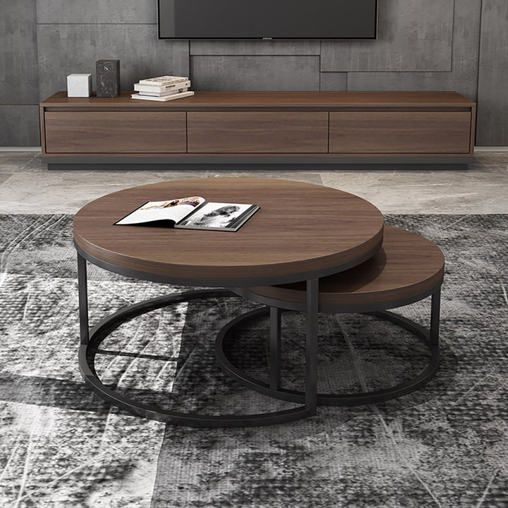 Fero 2 Pieces Modern Walnut & Black Round Nesting Coffee Table for Living Room