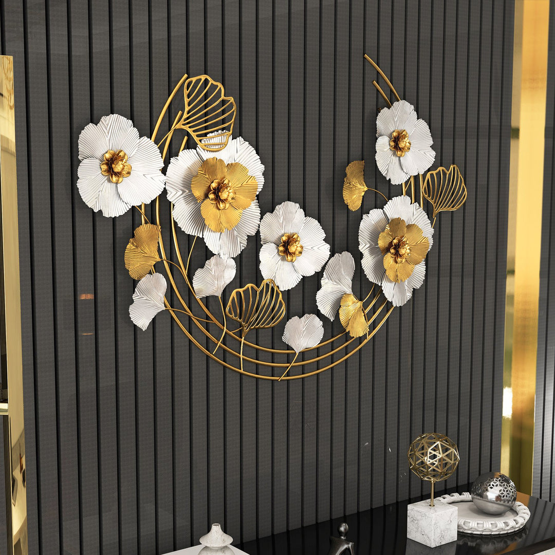 1200mm Modern Metal Wall Decor Art with Gold & White Leaves & Flowers for Living Room