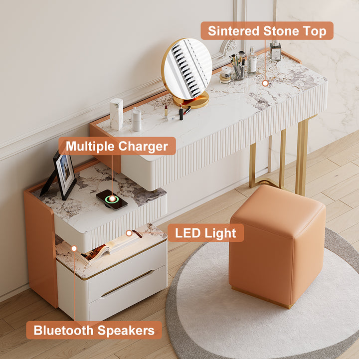 Modern Makeup Vanity Dressing Table with Charging Station & Light & Bluetooth Speakers