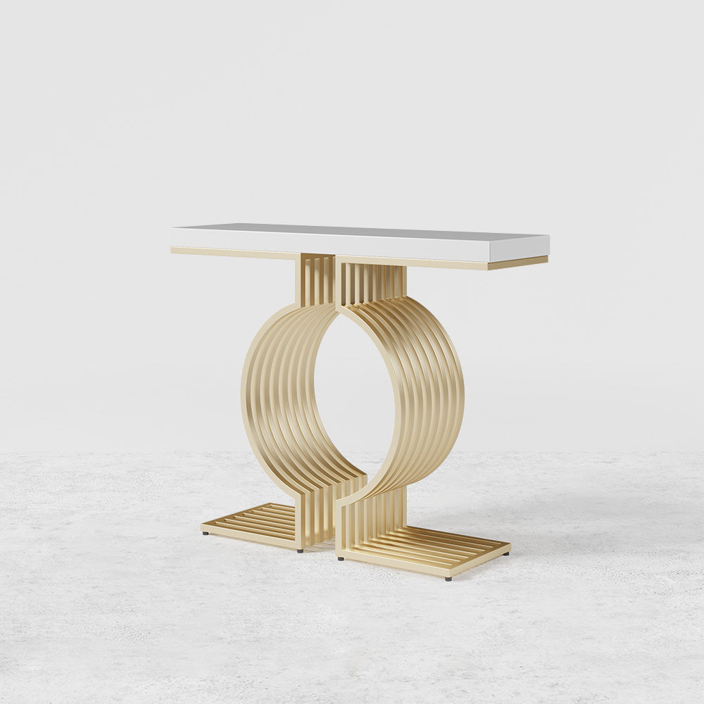 Narrow White Hall Table with Geometric Gold Metal Base