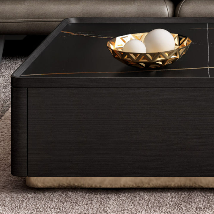 Modern Black Nesting Sintered Stone & Glass Coffee Table with 4 Storage Drawers Set of 2