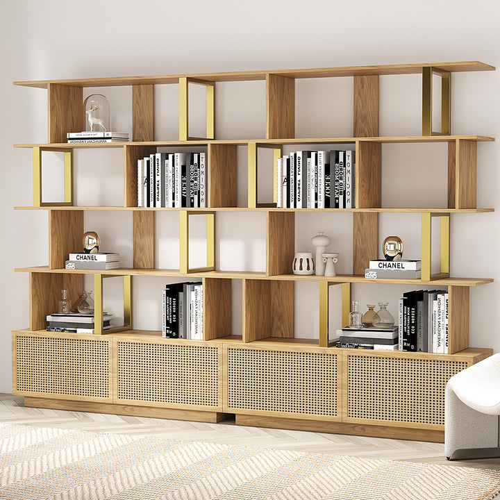 5-Tier Natural Wood Bookshelf with 2 Doors Modern Bookcase in Gold Finish