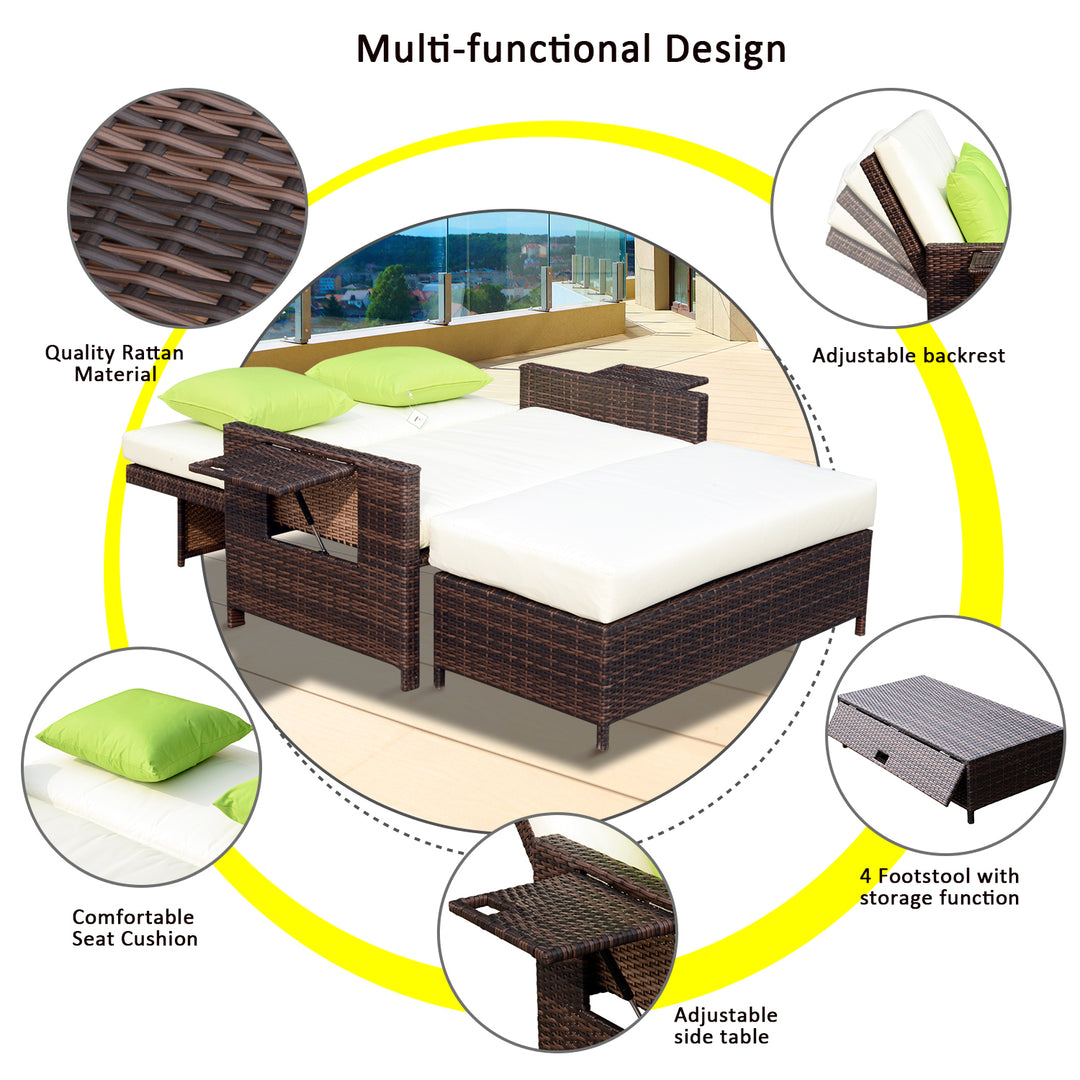 2 Seater Assembled Garden Patio Outdoor Rattan Furniture Sofa Sun Lounger Daybed with Fire Retardant Sponge - Brown