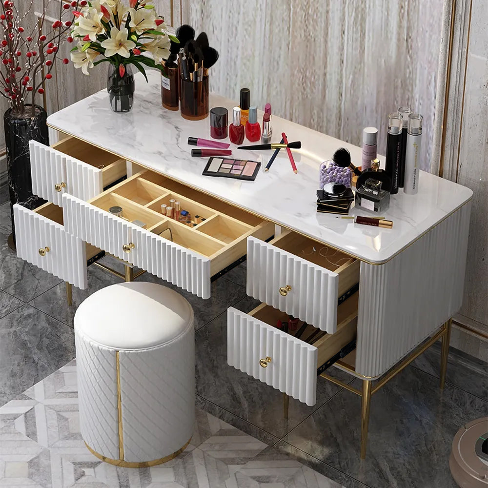 Bline White Makeup Vanity Faux Marble Dressing Table with Drawers Gold Stainless Steel