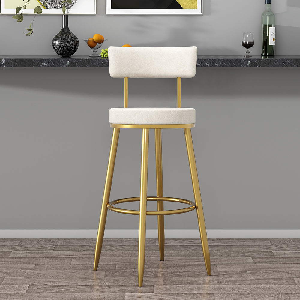 Round White Bar Height Stool Velvet Upholstery with Back & Footrest for Kitchen Island