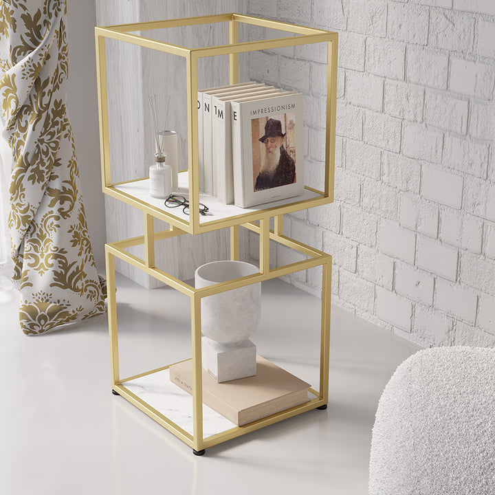 2-Tier Modern Gold Cube Bookcase with Metal Tower Display Shelf