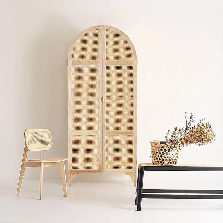 Natural Woven Rattan Bedroom Clothing Armoire with Hidden 2 Doors and Drawers Wardrobe