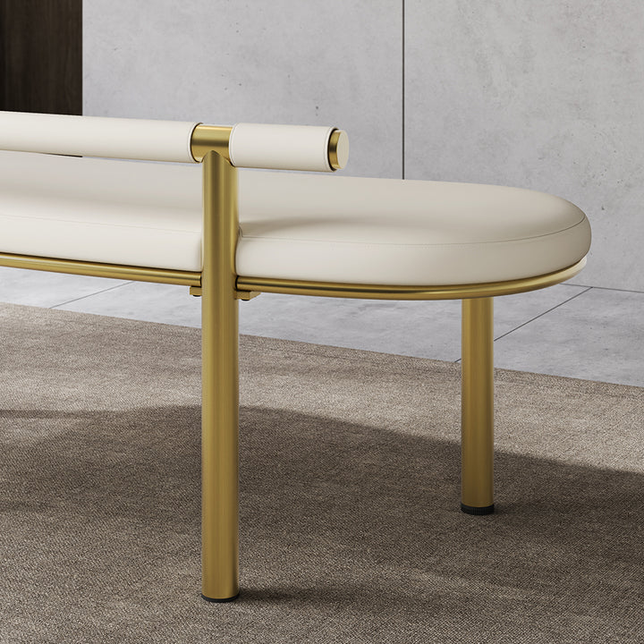 Curvice Off-White Curved Dining Bench with Back Faux Leather Stainless Steel in Gold