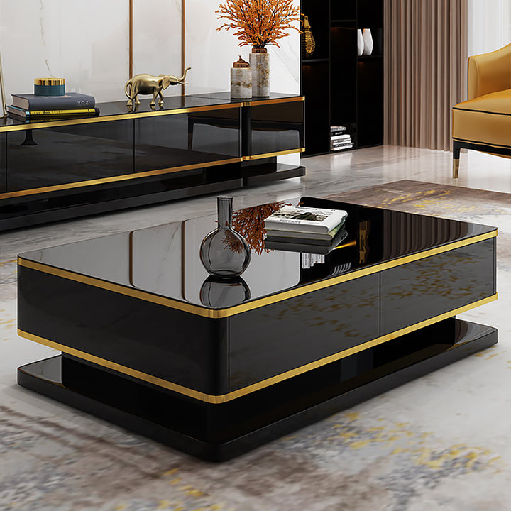 Gapn 1300mm Black Rectangle Modern Coffee Table with Storage 4 Drawer Tempered Glass Top