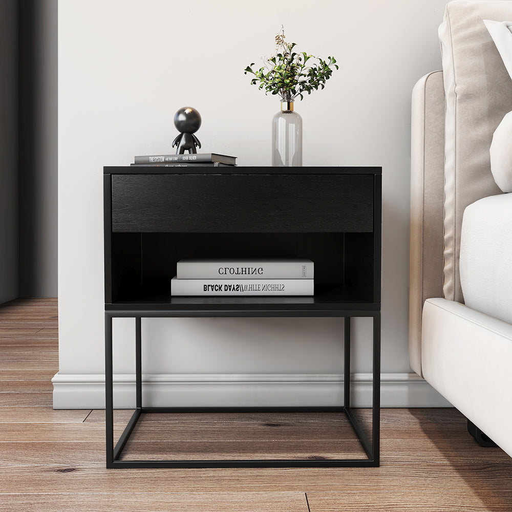 Black Modern BedsideTable with Drawer and Black Metal Base