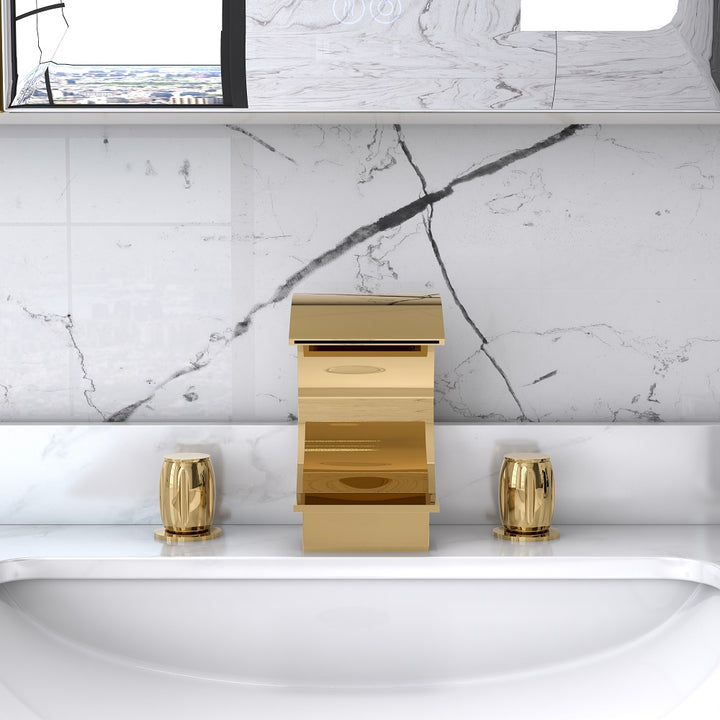 Mooni Modern Waterfall 3-Hole 2-Handle Bathroom Basin Tap in Gold Solid Brass