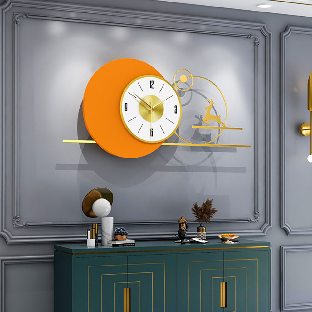 White & Orange Large Round Metal Wall Clock with Gold Pointer Modern Home Deer Decor Art