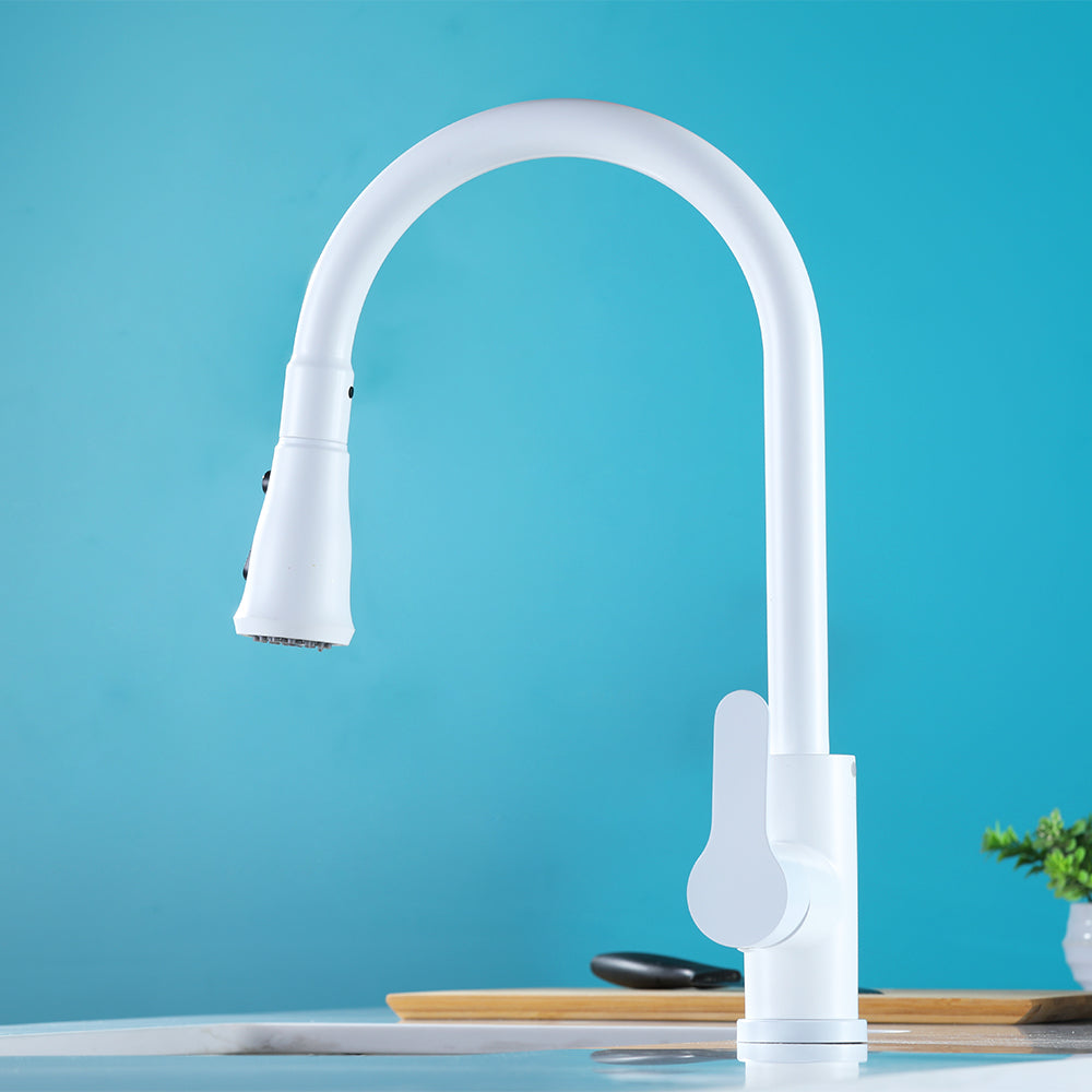 White High-Arc Single Lever Handle Pullout Sprayer Kitchen Tap with Dual Function