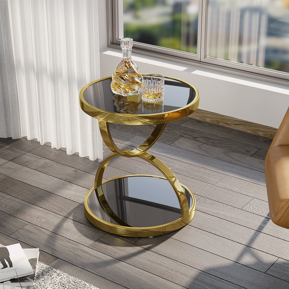 Homary Black Round Side Table Tempered Glass with Storage End Table in Gold