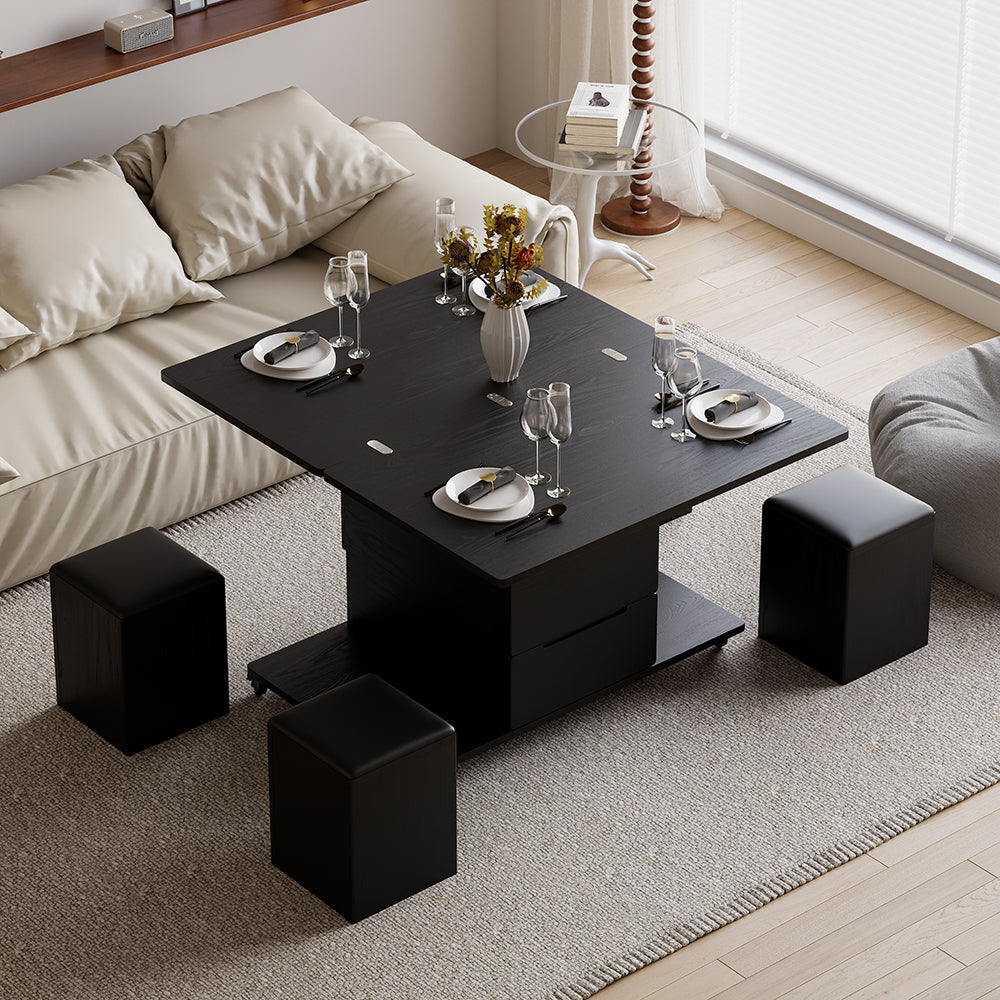 Modern Black Lift Top Coffee Table 4 in 1 with Storage Ottoman Foldable and Casters Transforming Into Dining Table