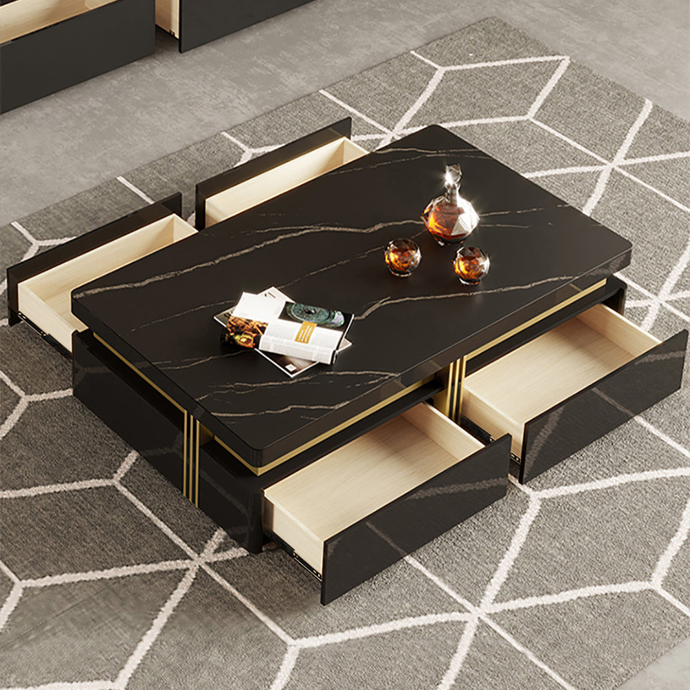 Trimied Modern Coffee Table with Storage in Black Center Table with Stainless Steel Base