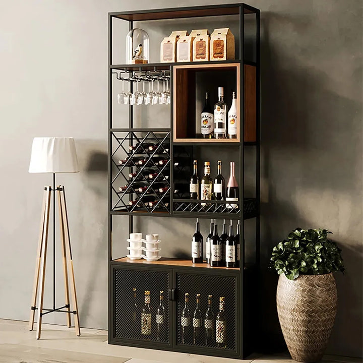 Industrial Tall Black Bar Wine Rack Cabinet with Glass Holder Wood Floor Home Bar Cabinet with Storage