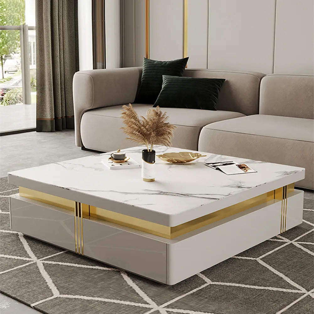 Trimied 1100mm Modern White Square Storage Coffee Table Stone Top with 4 Wood Drawers