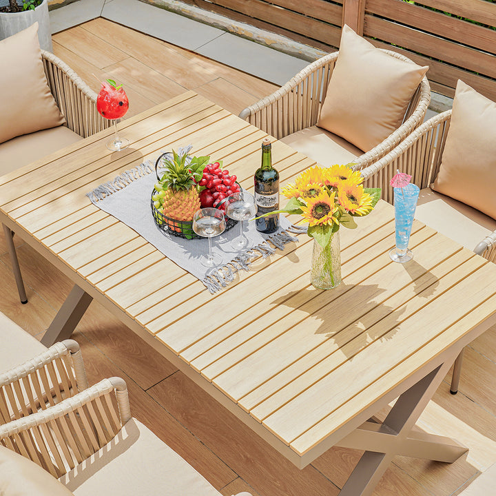 7 Pieces Outdoor Dining Set with Rectangle Table and Woven Rattan Armchair in Natural