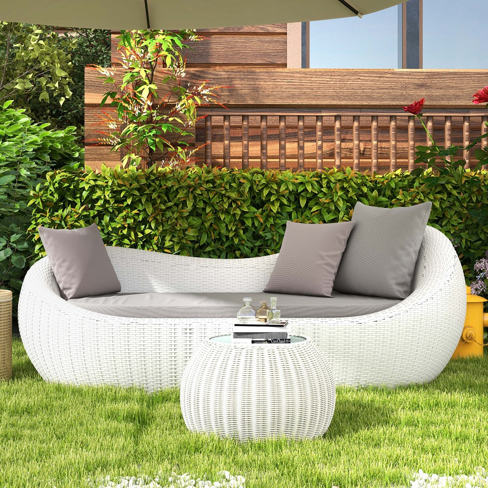 White Woven Rattan Round 1910mm Outdoor Sofa with Cushion & Pillow and Curved Back