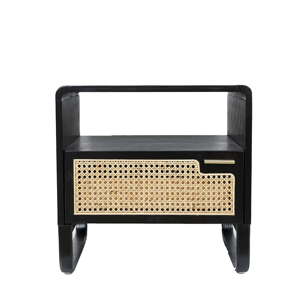 Minimalist Black Nightstand Rattan Woven Bedside Table with 1 Drawer