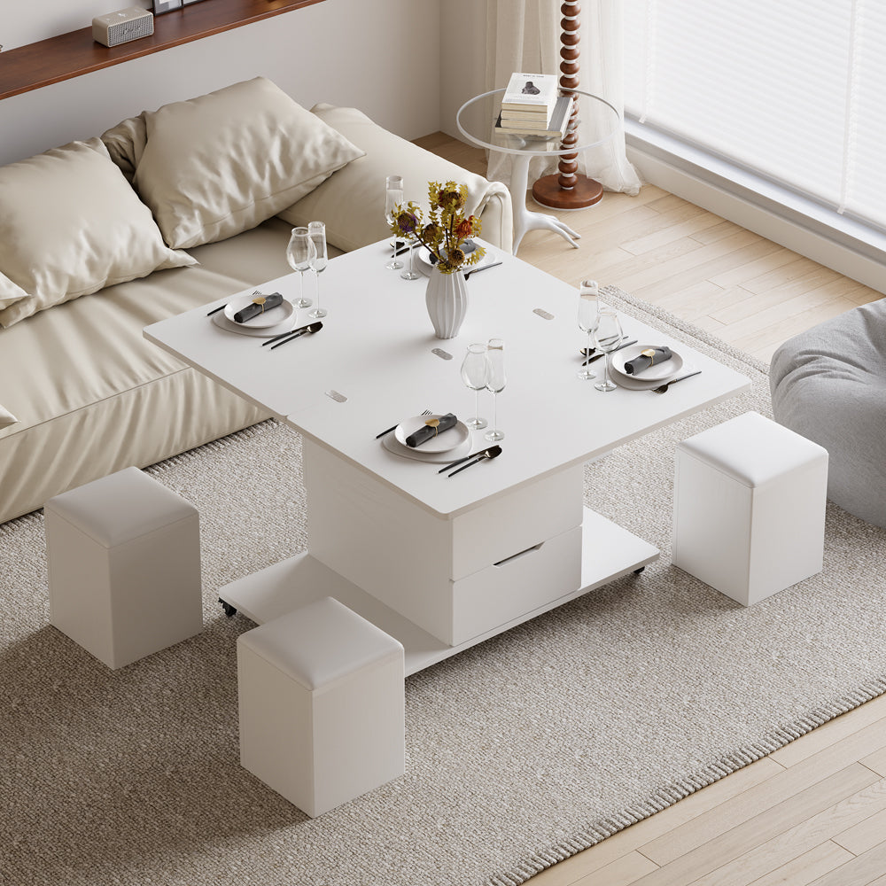 Modern White Lift Top Coffee Table 4 in 1 with Storage Ottoman Foldable and Casters Transforming Into Dining Table