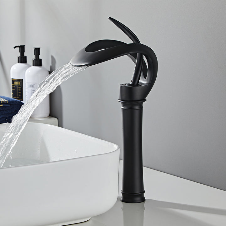 Modern Elegant Waterfall Bathroom Countertop Basin Tap Single Handle Solid Brass Black