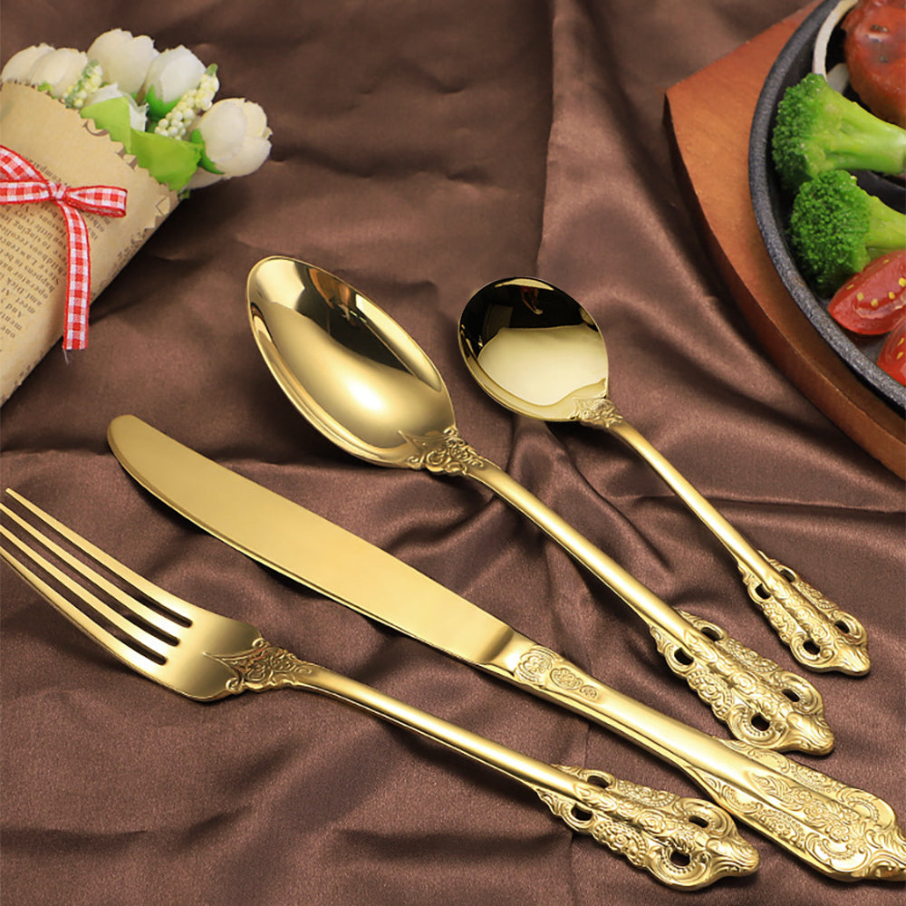 Vintage Gold Engraved Cutlery Set Service for 12 Stainless Steel Flatware 48Pc Set