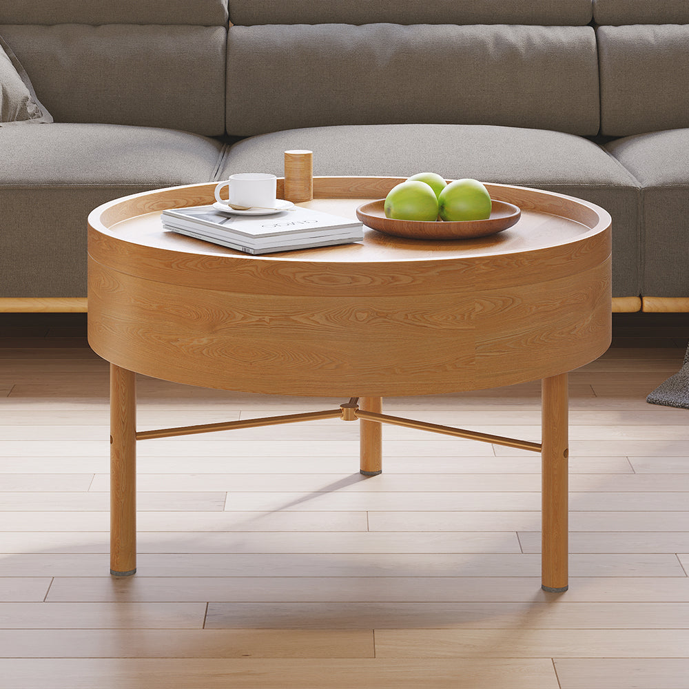 Modern Round Wood Rotating Tray Coffee Table with Storage & Metal Legs in Natural