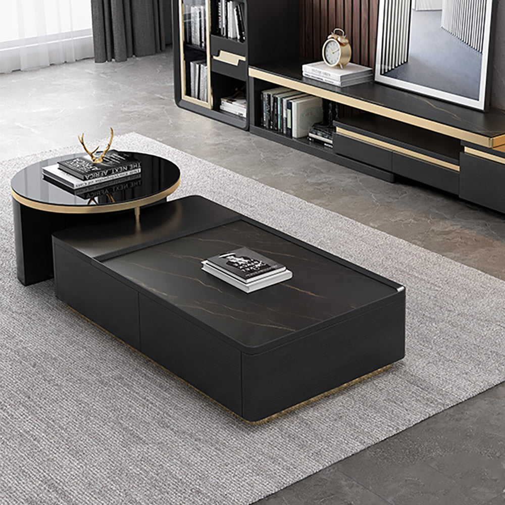 Modern Black Nesting Sintered Stone & Glass Coffee Table with 4 Storage Drawers Set of 2