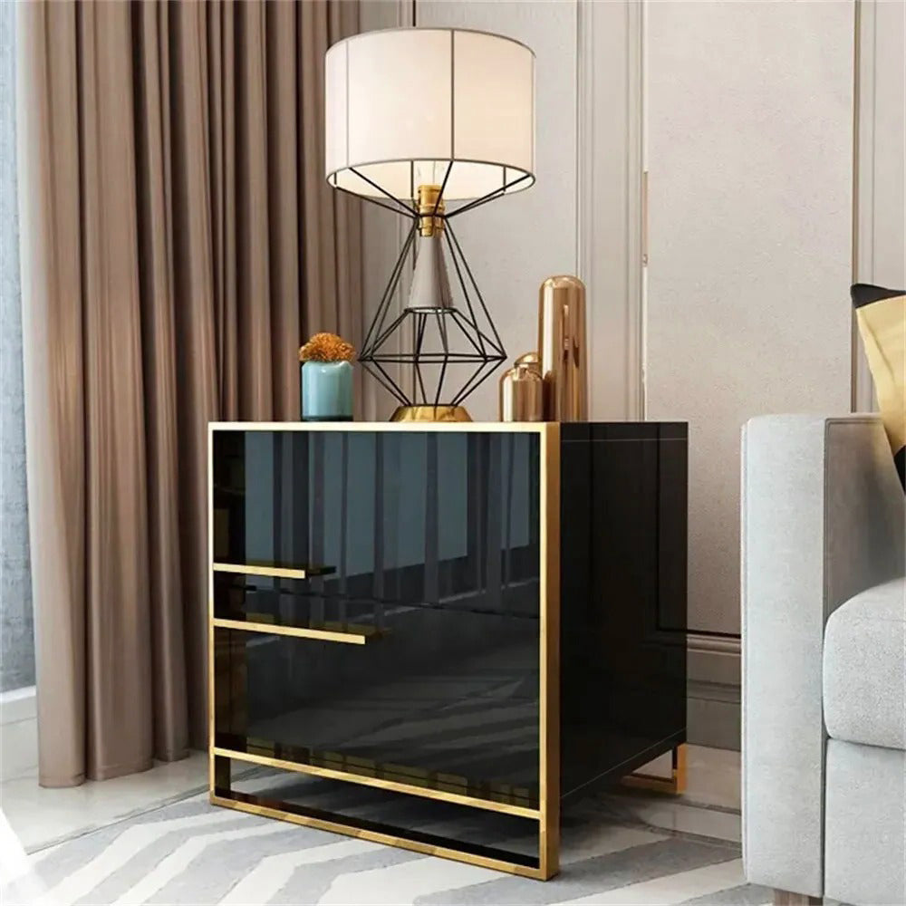 Cylina Modern 2 Drawers Black Lacquer Nightstand Square Bedside Table in Gold, Left