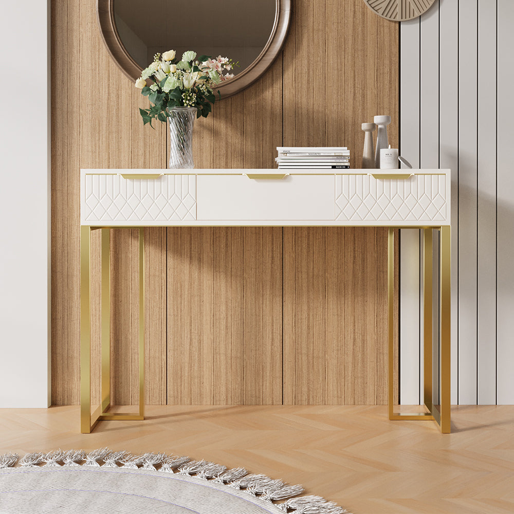 1200mm White & Gold Modern Console Table Rectangular Accent Table for Entryway 3 Drawers