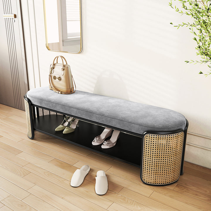 1247mm Rattan Bench Modern Grey & Natural Upholstered Entryway Bench with Shoe Storage