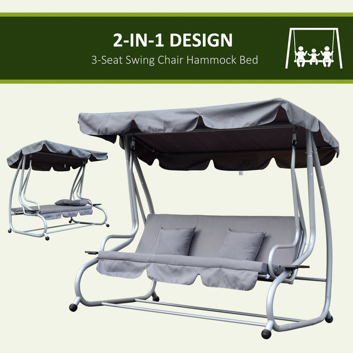 2-in-1 Garden Swing Seat Bed 3 Seater Swing Chair Hammock Bench Bed with Tilting Canopy and 2 Cushions