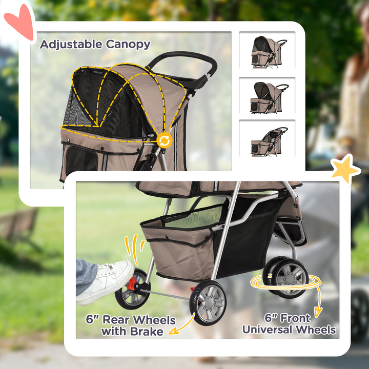 Dog Pram Pet Travel Stroller Dog Pushchair W/Three Wheels-Coffee