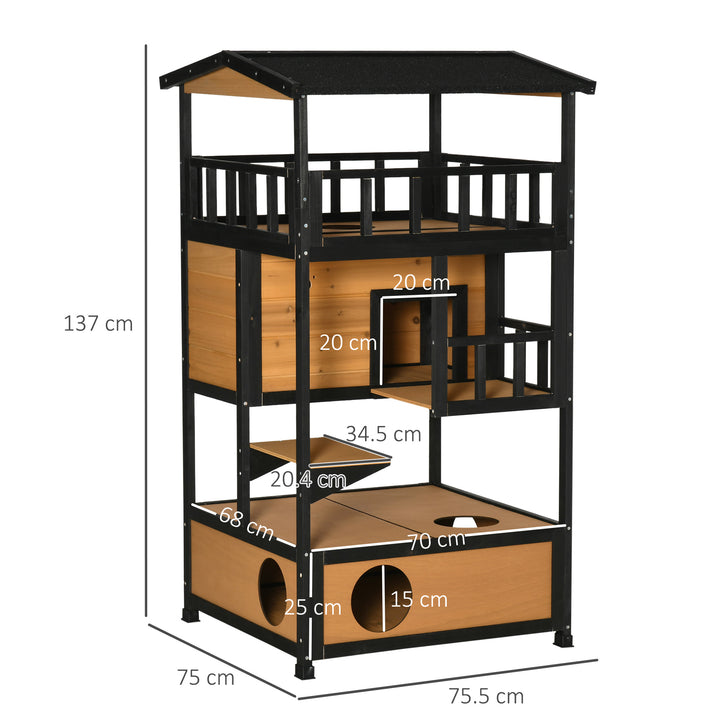 Wooden Cat House 3-Tier for Winter Kitten Shelter Lodge w/ Tilted Roof Terrace Jump Step Bottom Tray Elevated Base