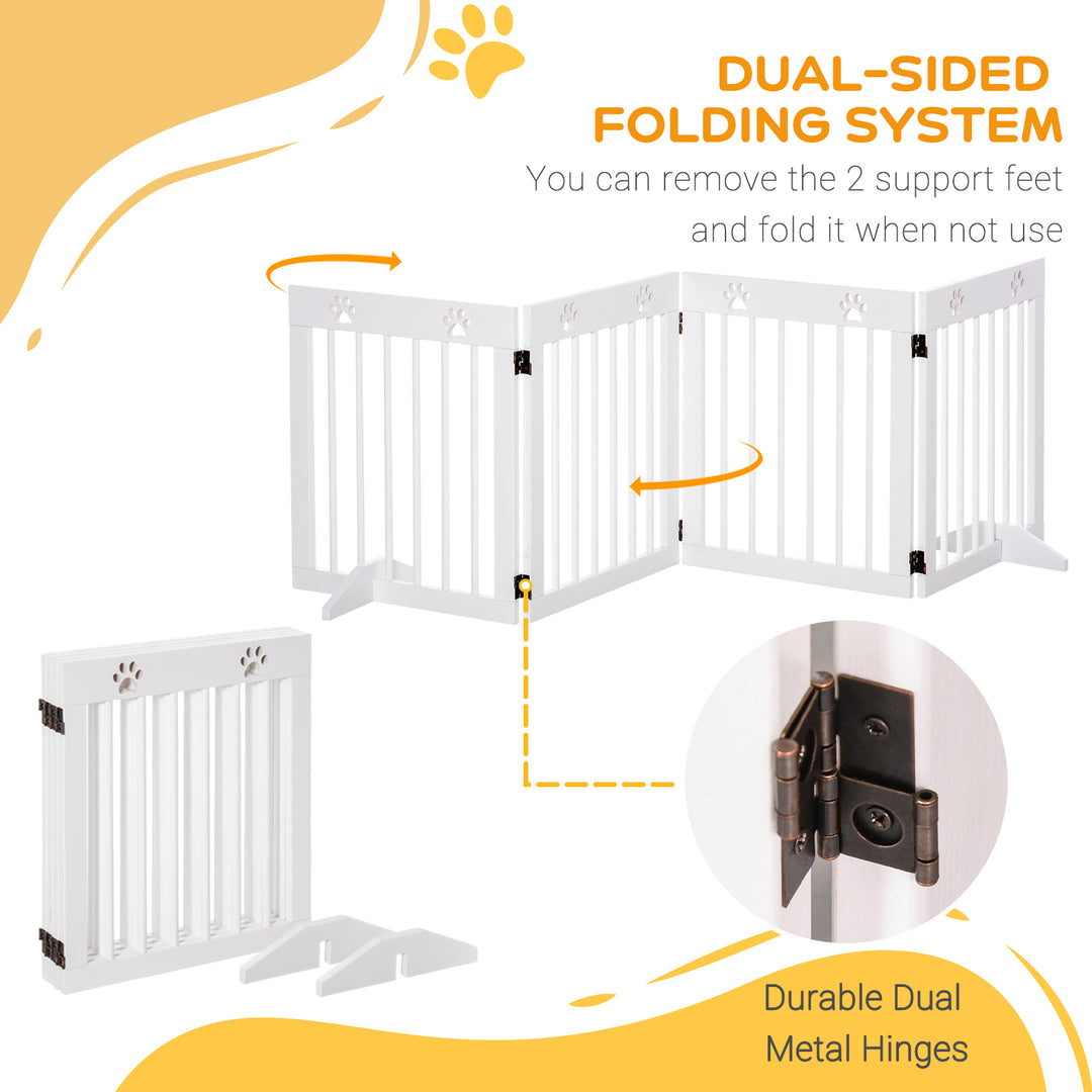 Pet Gate 4 Panel Folding Wooden Dog Barrier Freestanding Dog Gate For Stairs w/ Support Feet