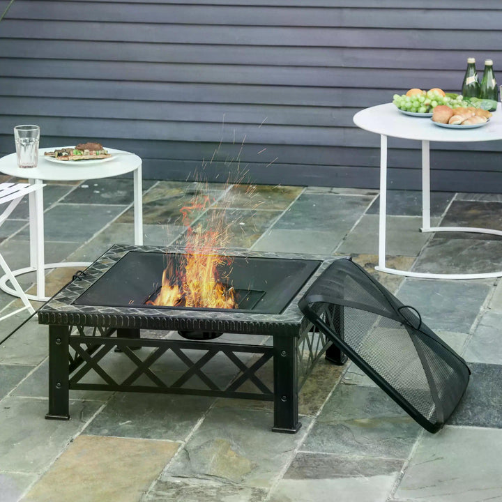 3 in 1 Square Fire Pit Square Table Metal Brazier for Garden