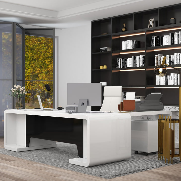 2400mm L-Shaped Modern Executive Desk of Left Hand with Drawers in White & Black