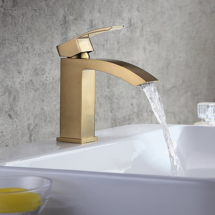 Ridge Contemporary Style Brushed Gold Single Hole Deck Mounted Bathroom Sink Faucet