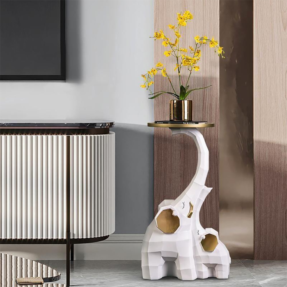 White & Gold End Table with Tray Top Decor Elephant Shape Side Table