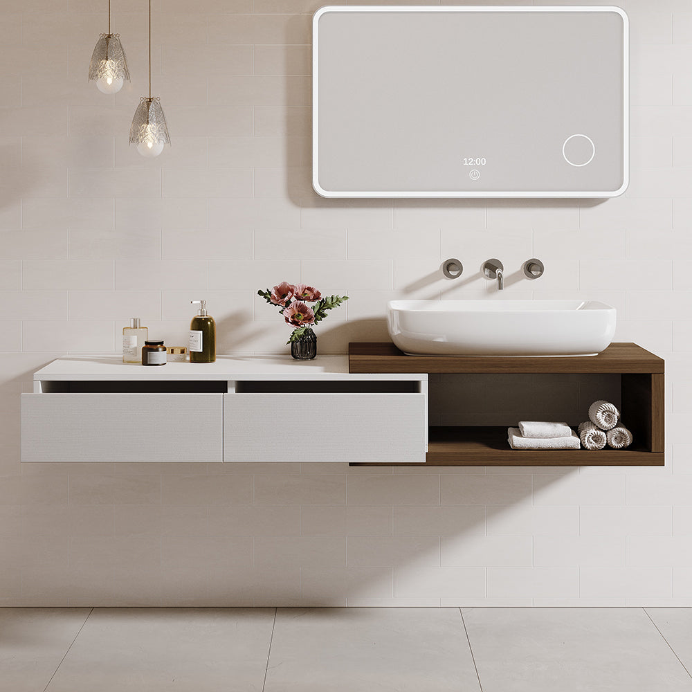 Modern Extendable Floating Bathroom Vanity Set Wall Mounted Vanity in White & Walnut