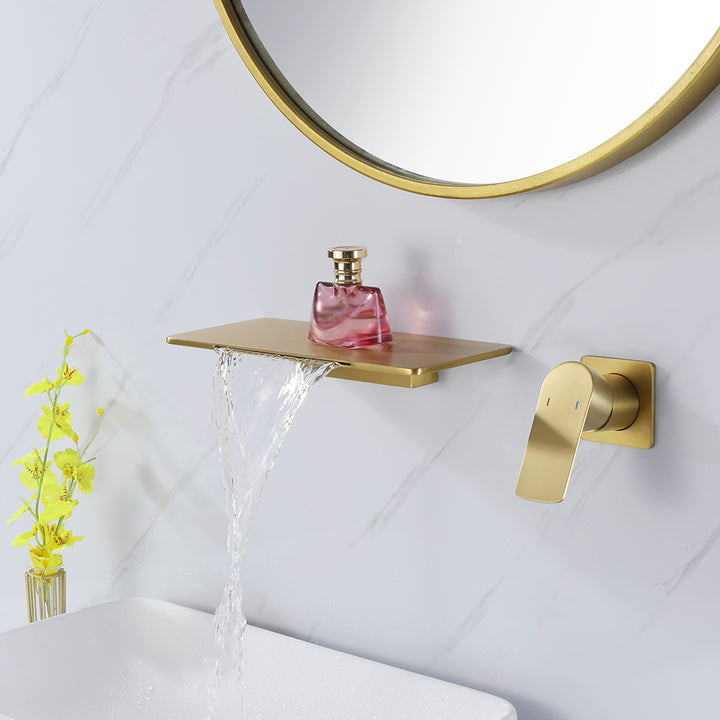 Waterfall Wall Mount Brushed Gold Single Lever Handle Bathroom Basin Tap Solid Brass