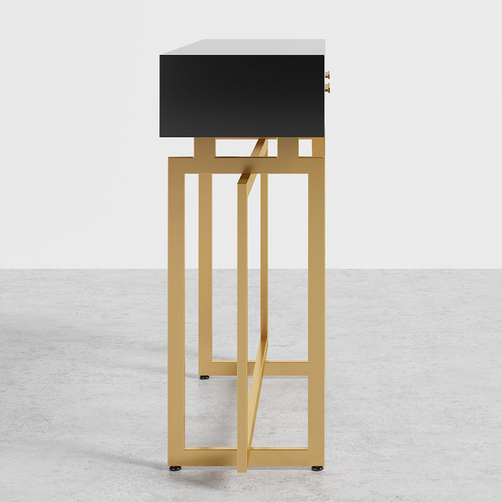 1200mm Modern Narrow Black Console Table with Storage Drawers and Metal Legs in Gold