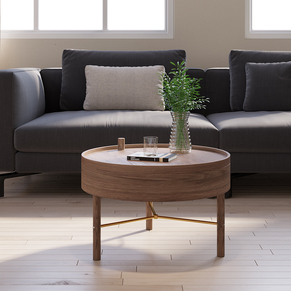 Modern Round Wood Rotating Tray Coffee Table with Storage & Metal Legs in Walnut