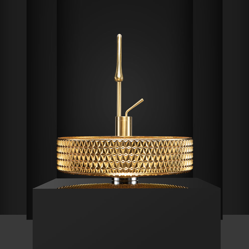 390mm Modern Luxury Diamond Shaped Crystal Glass Bathroom Countertop Basin in Gold